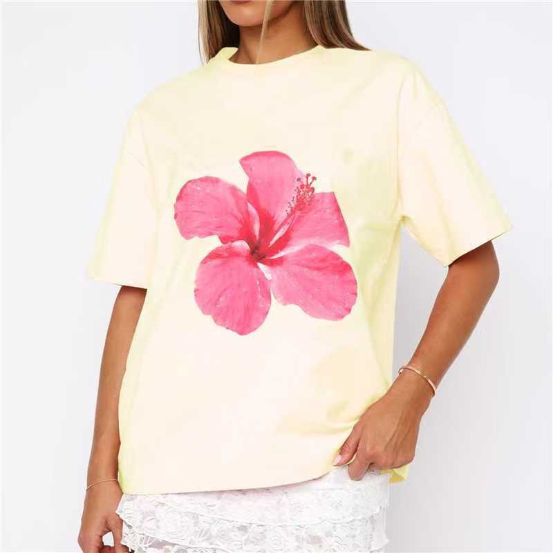 新款休闲宽松印花花朵短袖女装T恤