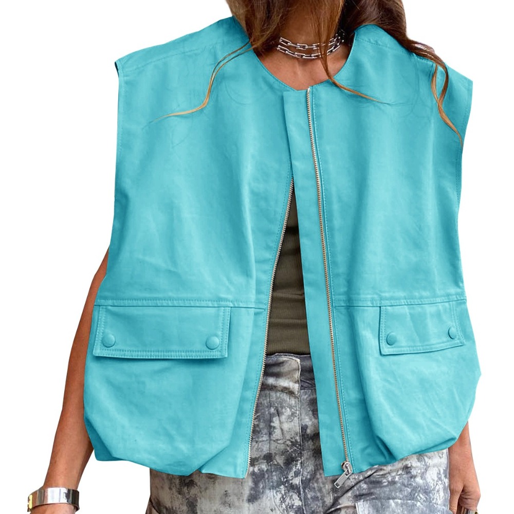 Women's New Sleeveless Loose Solid Color Vest Cardigan Fashionable Zip Up Outerwear with Pockets