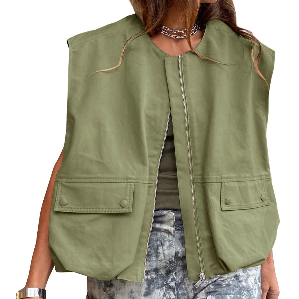 新款女装无袖口袋宽松马甲纯色开衫拉链时尚外套女