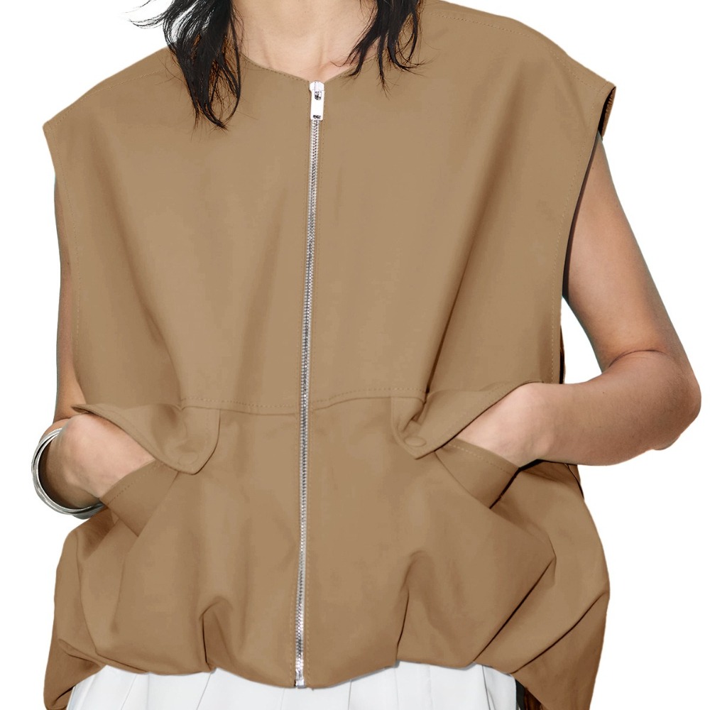 Women's New Sleeveless Loose Solid Color Vest Cardigan Fashionable Zip Up Outerwear with Pockets