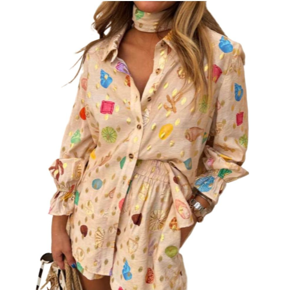 亚麻烫金衬衣领长袖 2 套女士短裤套装 花卉水果图案短袖衬衫和休闲短裤 海滩装套装