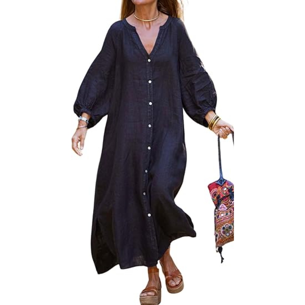 Women's Summer V Neck Half Puff Sleeve Button Down Dress Loose Fit Tunic Shirt Maxi Dress Cozy Boho Layering Long Dress for Daily Wear, Weekend Outings & Beach Vacation