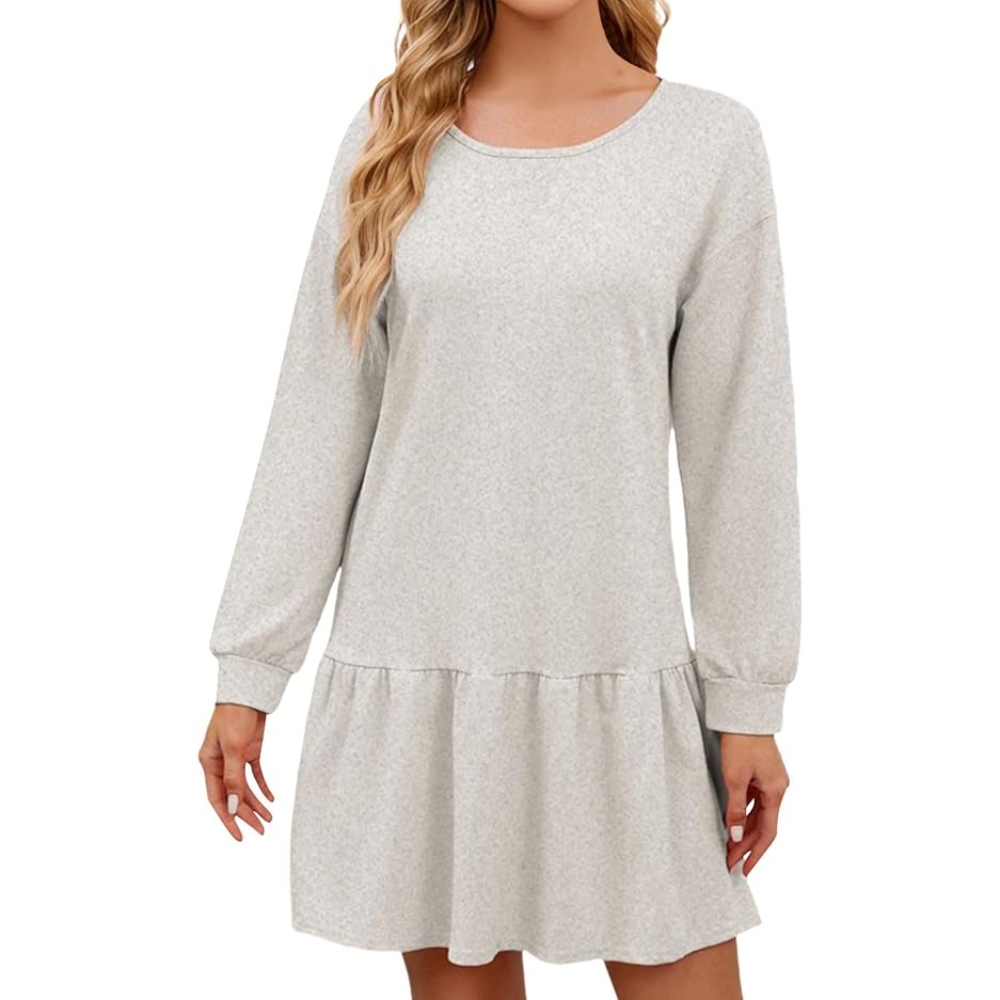 Women's Crewneck Rib Knit Sweatshirt Dress Fall Long Sleeve Pullover Tops Solid Color Ruffle Patchwork Hem Mini Length Dresses Casual Tennis Dresses Street Style Run Dresses 