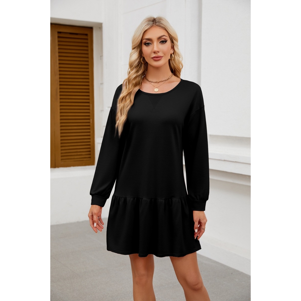 Women's Crewneck Rib Knit Sweatshirt Dress Fall Long Sleeve Pullover Tops Solid Color Ruffle Patchwork Hem Mini Length Dresses Casual Tennis Dresses Street Style Run Dresses 