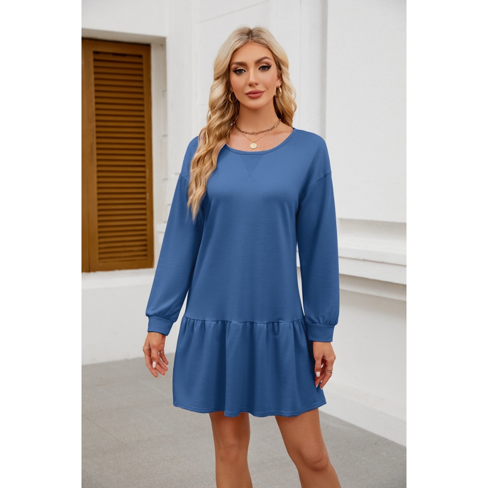 Women's Crewneck Rib Knit Sweatshirt Dress Fall Long Sleeve Pullover Tops Solid Color Ruffle Patchwork Hem Mini Length Dresses Casual Tennis Dresses Street Style Run Dresses 