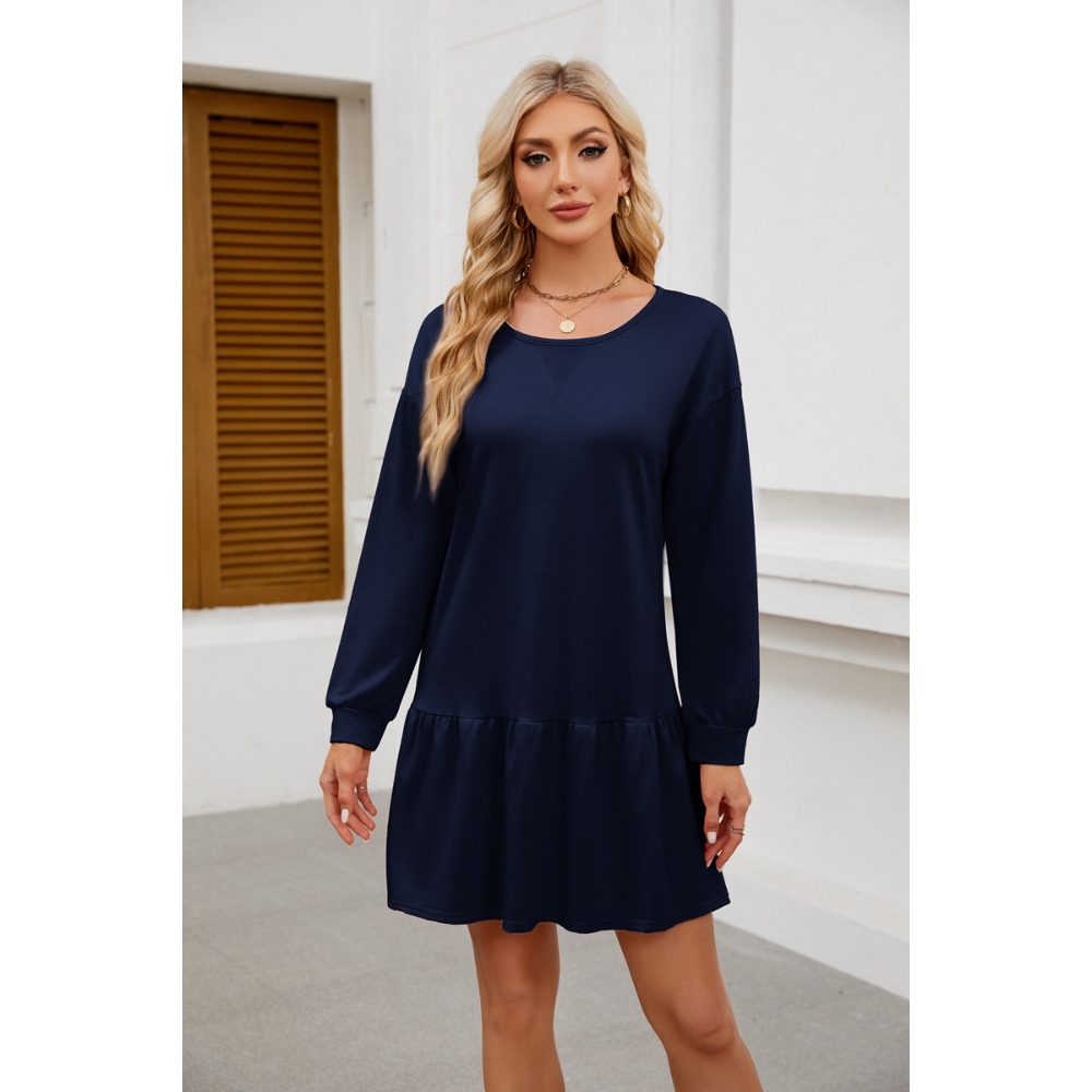 Women's Crewneck Rib Knit Sweatshirt Dress Fall Long Sleeve Pullover Tops Solid Color Ruffle Patchwork Hem Mini Length Dresses Casual Tennis Dresses Street Style Run Dresses 