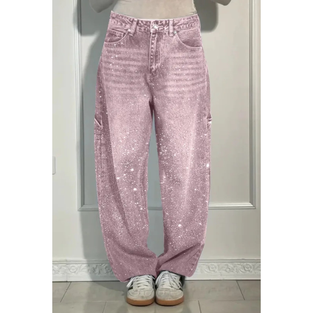 Women's Sparkly Rhinestone Jeans - High Waisted Wide Leg Casual Baggy Distressed Vintage Denim Pants with Pockets, Y2K Retro Trendy Street Style Everyday Wear
