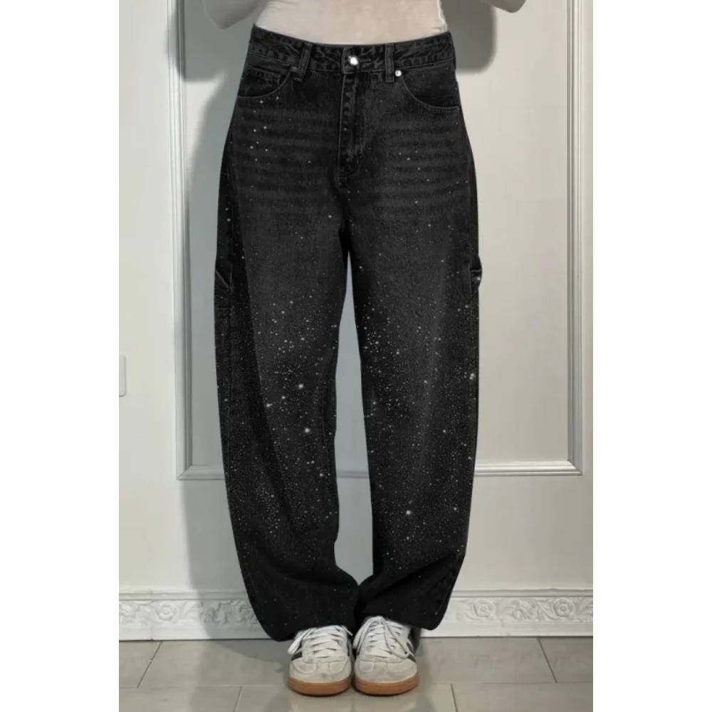 Women's Sparkly Rhinestone Jeans - High Waisted Wide Leg Casual Baggy Distressed Vintage Denim Pants with Pockets, Y2K Retro Trendy Street Style Everyday Wear