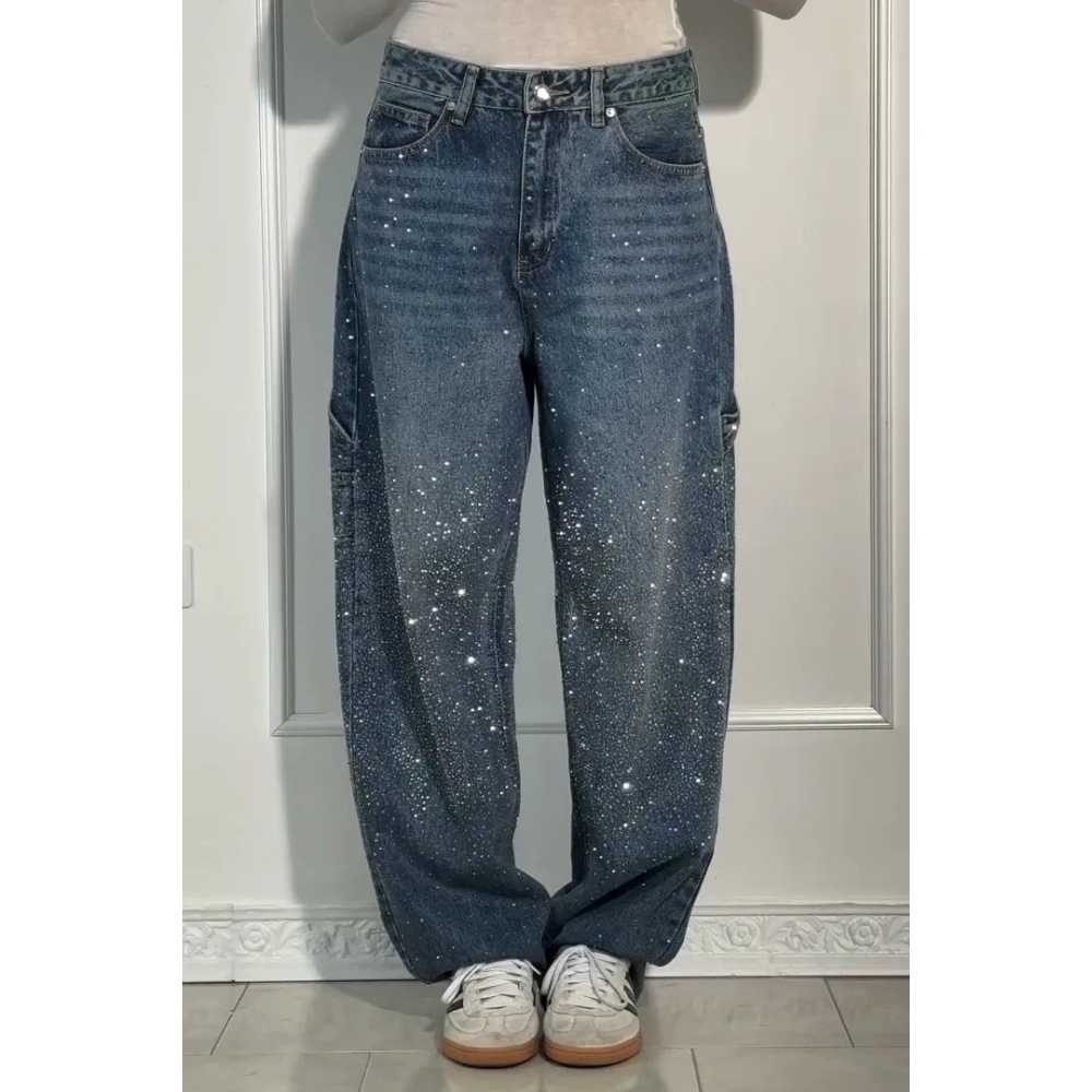 Women's Sparkly Rhinestone Jeans - High Waisted Wide Leg Casual Baggy Distressed Vintage Denim Pants with Pockets, Y2K Retro Trendy Street Style Everyday Wear