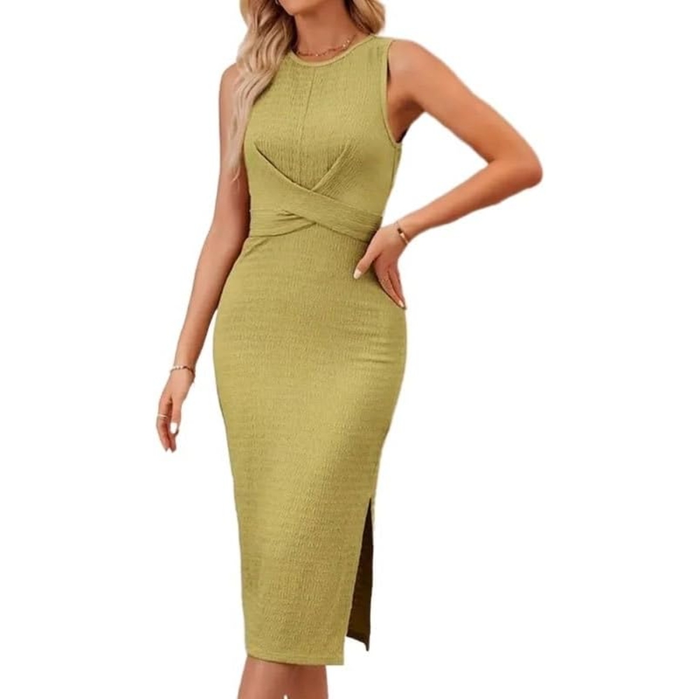 跨境外贸弹力紧身扭结绑带蝴蝶结无袖连衣裙夏季女中长款长款裙子