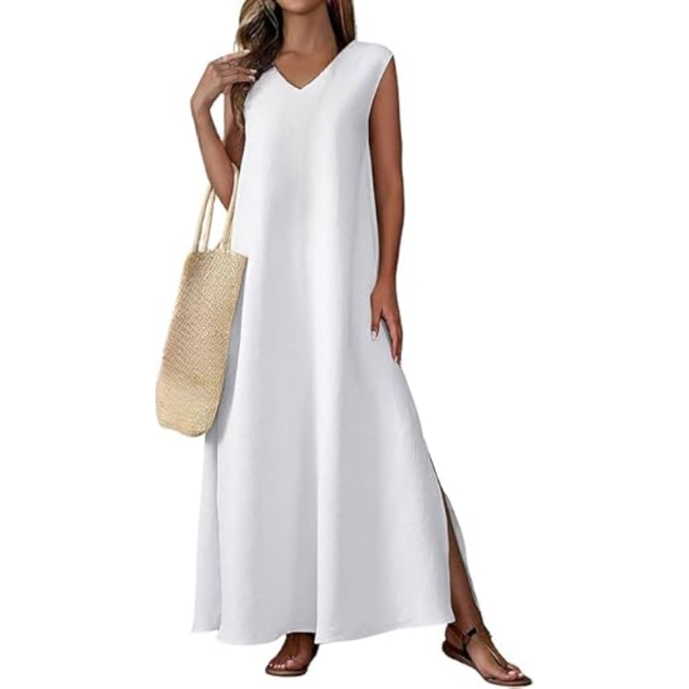 Women's 2025 Summer Sleeveless V-Neck Maxi Dress - Stretchy Flowy Side Split Beach Sundress, Loose Tank Long Dress for Vacation Y2K Outfit, Casual Chic