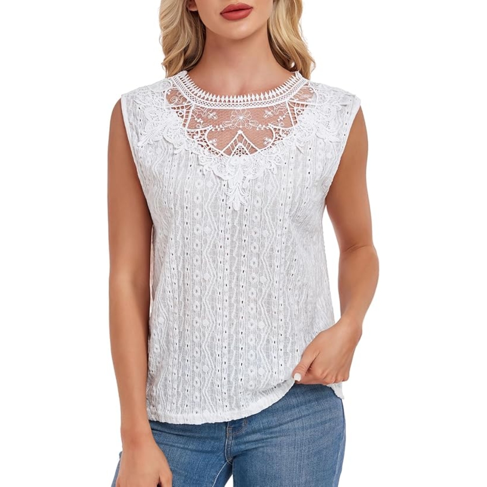 Women's Solid Color Cropped Lace Trim Tank Top - Summer Sleeveless Round Neck Hollow Out Lace Lightweight Casual Blouse for Beach Vacation, Y2K Top Basic Chic Tunic Style