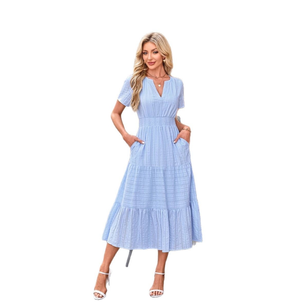 Women's Summer V-Neck Short Sleeve Pleated Swing Dress Casual Loose Elastic Waist Flowy Ruffle Hem Maxi Wedding Guest Dress Lightweight Boho Beach Vacation Dress