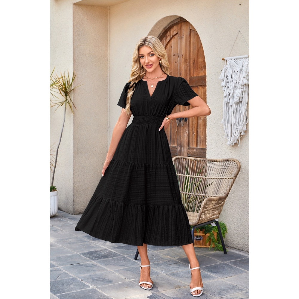 Women's Summer V-Neck Short Sleeve Pleated Swing Dress Casual Loose Elastic Waist Flowy Ruffle Hem Maxi Wedding Guest Dress Lightweight Boho Beach Vacation Dress