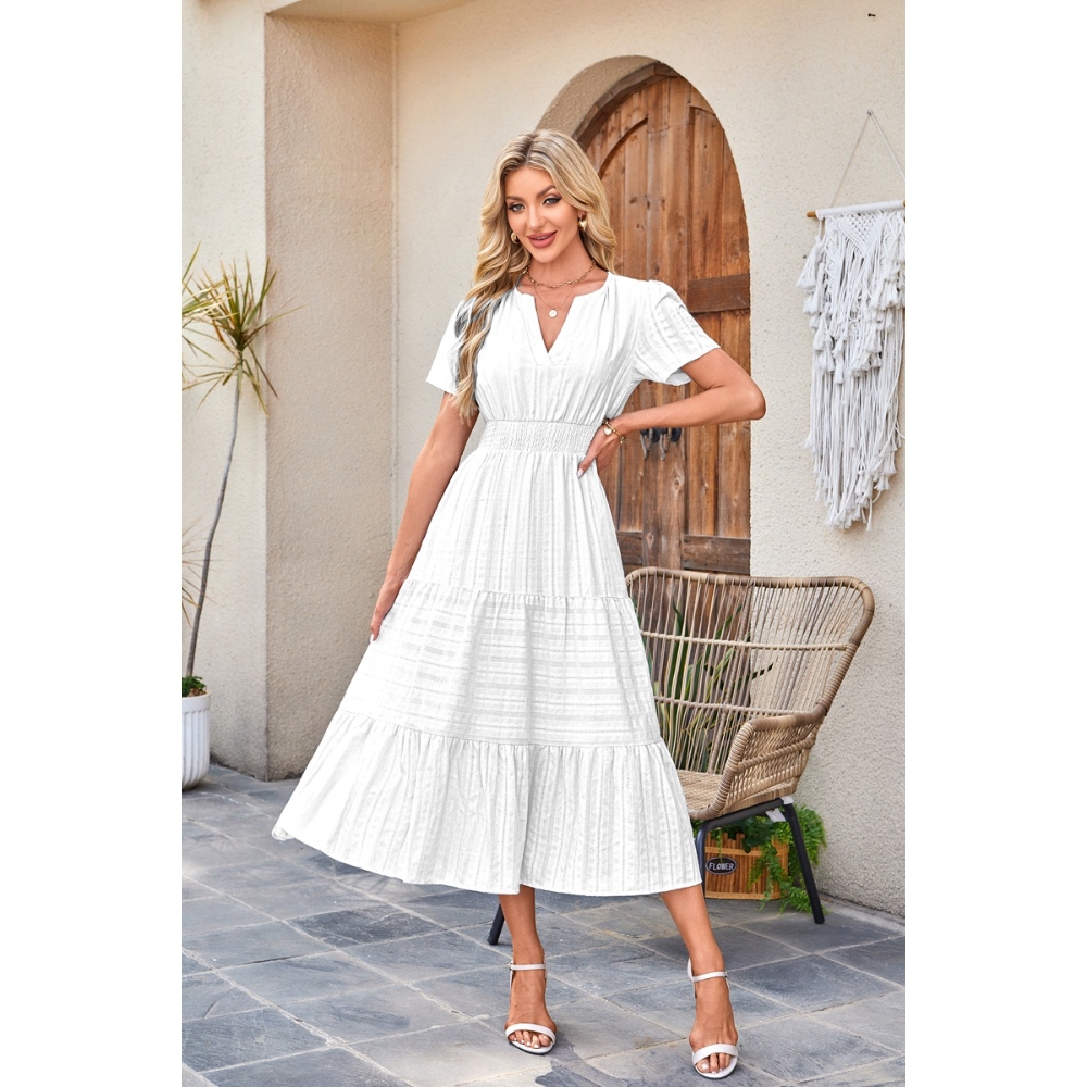 Women's Summer V-Neck Short Sleeve Pleated Swing Dress Casual Loose Elastic Waist Flowy Ruffle Hem Maxi Wedding Guest Dress Lightweight Boho Beach Vacation Dress