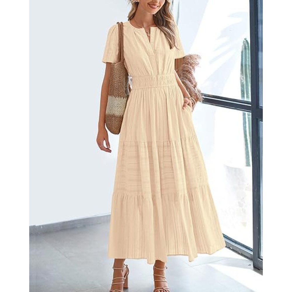 Women's Summer V-Neck Short Sleeve Pleated Swing Dress Casual Loose Elastic Waist Flowy Ruffle Hem Maxi Wedding Guest Dress Lightweight Boho Beach Vacation Dress