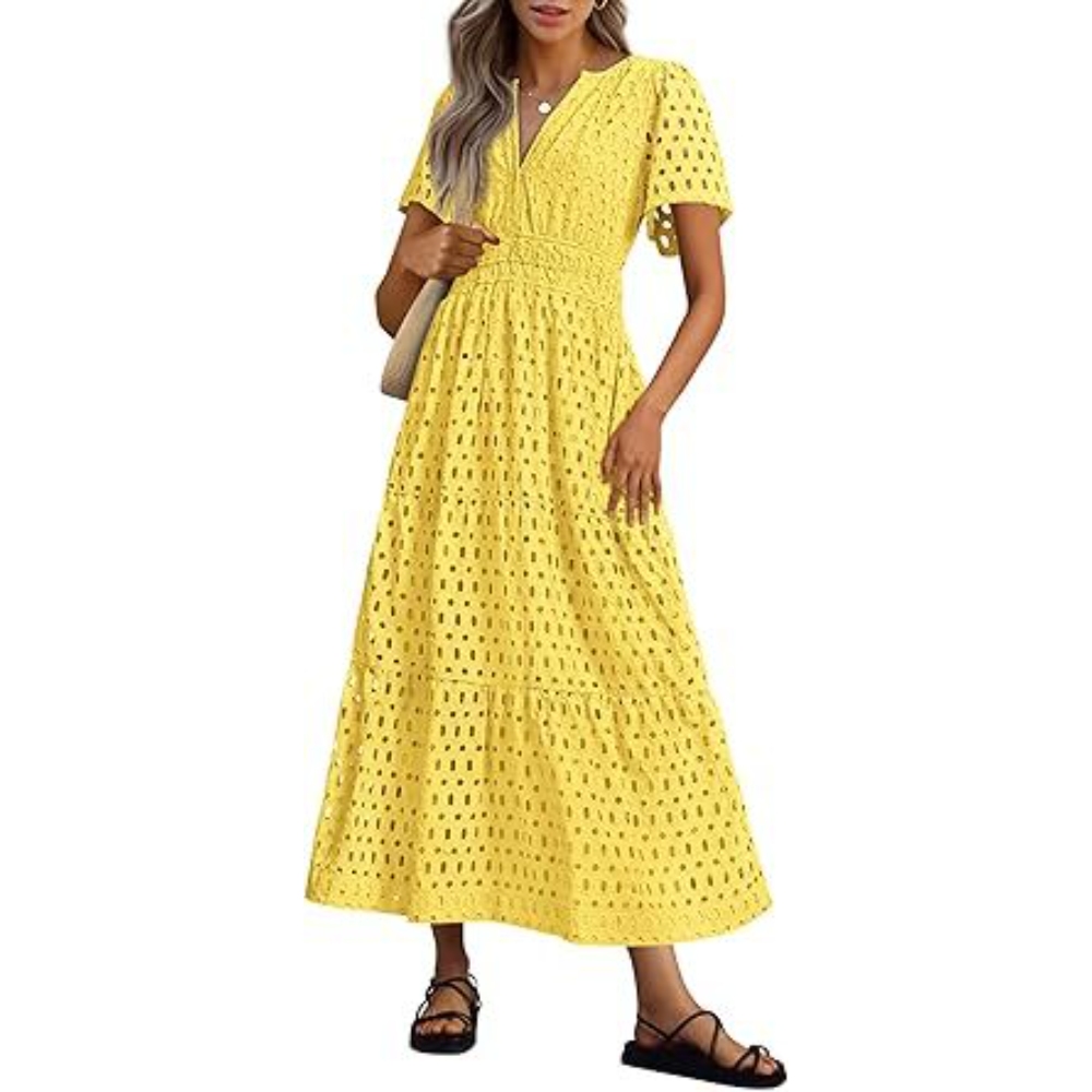 Women's Summer Dresses V-Neck Short Sleeve Hollow Out Eyelet Long Dress Casual Tiered Flowy Ruffle Swing A Line Maxi Dress 2025 Trendy Lightweight Elegance Dress 
