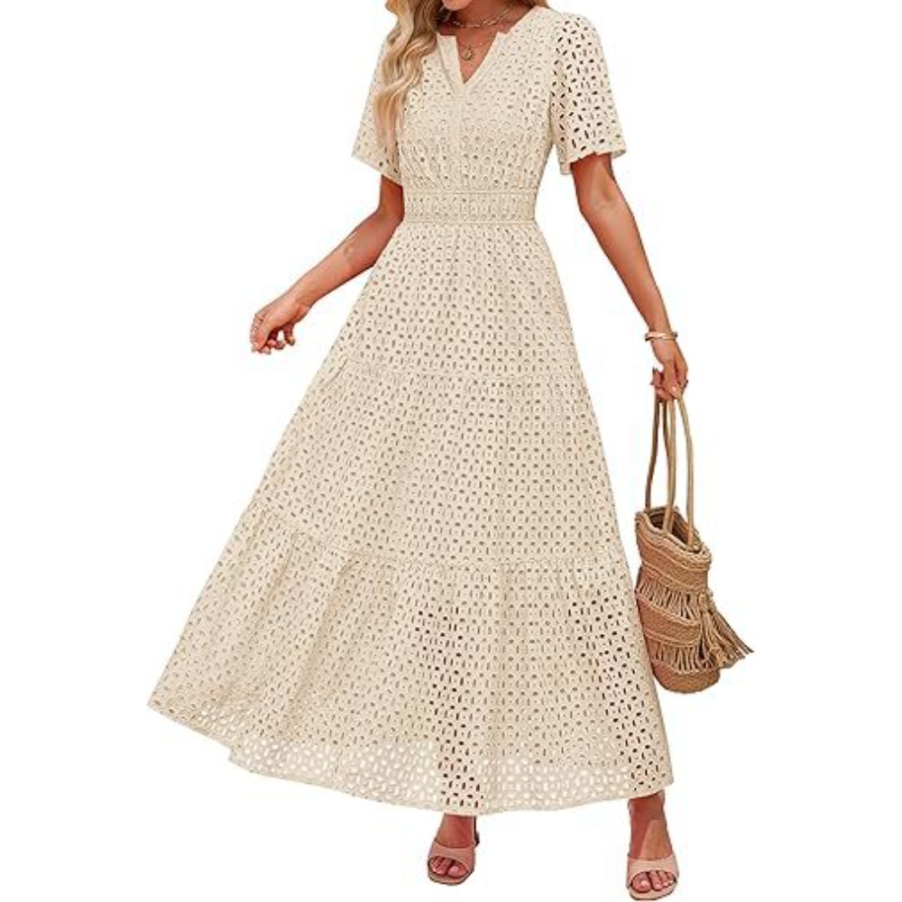 Women's Summer Dresses V-Neck Short Sleeve Hollow Out Eyelet Long Dress Casual Tiered Flowy Ruffle Swing A Line Maxi Dress 2025 Trendy Lightweight Elegance Dress 