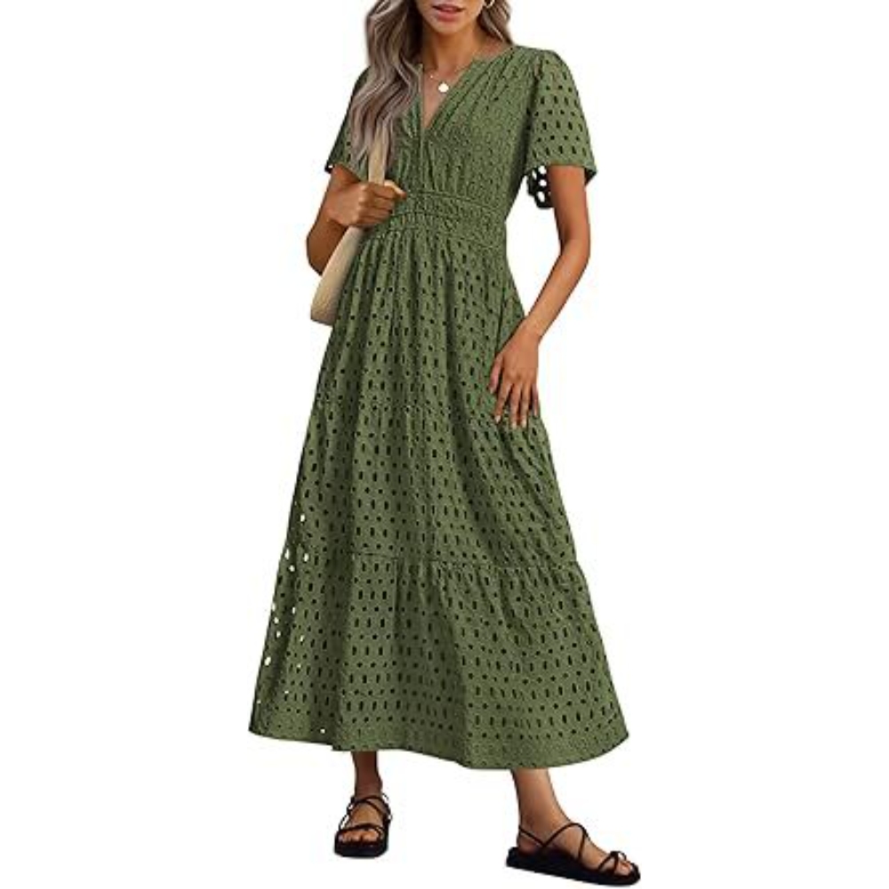 2025欧美外贸跨境女装亚马逊爆款 V领镂空孔眼褶皱短袖长款连衣裙