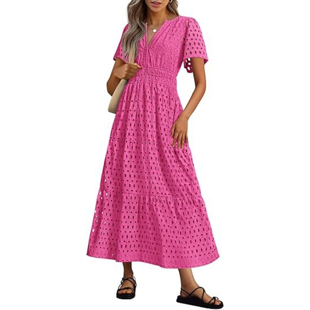 2025欧美外贸跨境女装亚马逊爆款 V领镂空孔眼褶皱短袖长款连衣裙