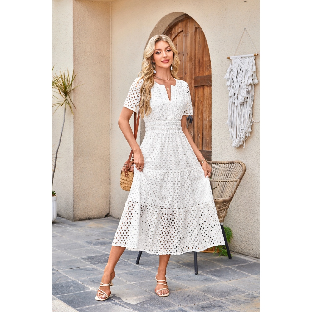 Women's Summer Dresses V-Neck Short Sleeve Hollow Out Eyelet Long Dress Casual Tiered Flowy Ruffle Swing A Line Maxi Dress 2025 Trendy Lightweight Elegance Dress 