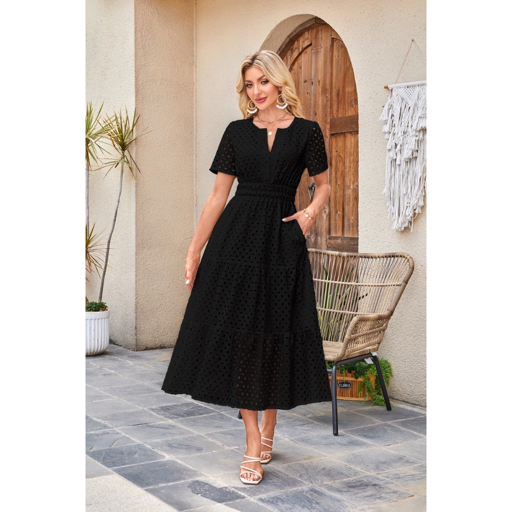 Women's Summer Dresses V-Neck Short Sleeve Hollow Out Eyelet Long Dress Casual Tiered Flowy Ruffle Swing A Line Maxi Dress 2025 Trendy Lightweight Elegance Dress 