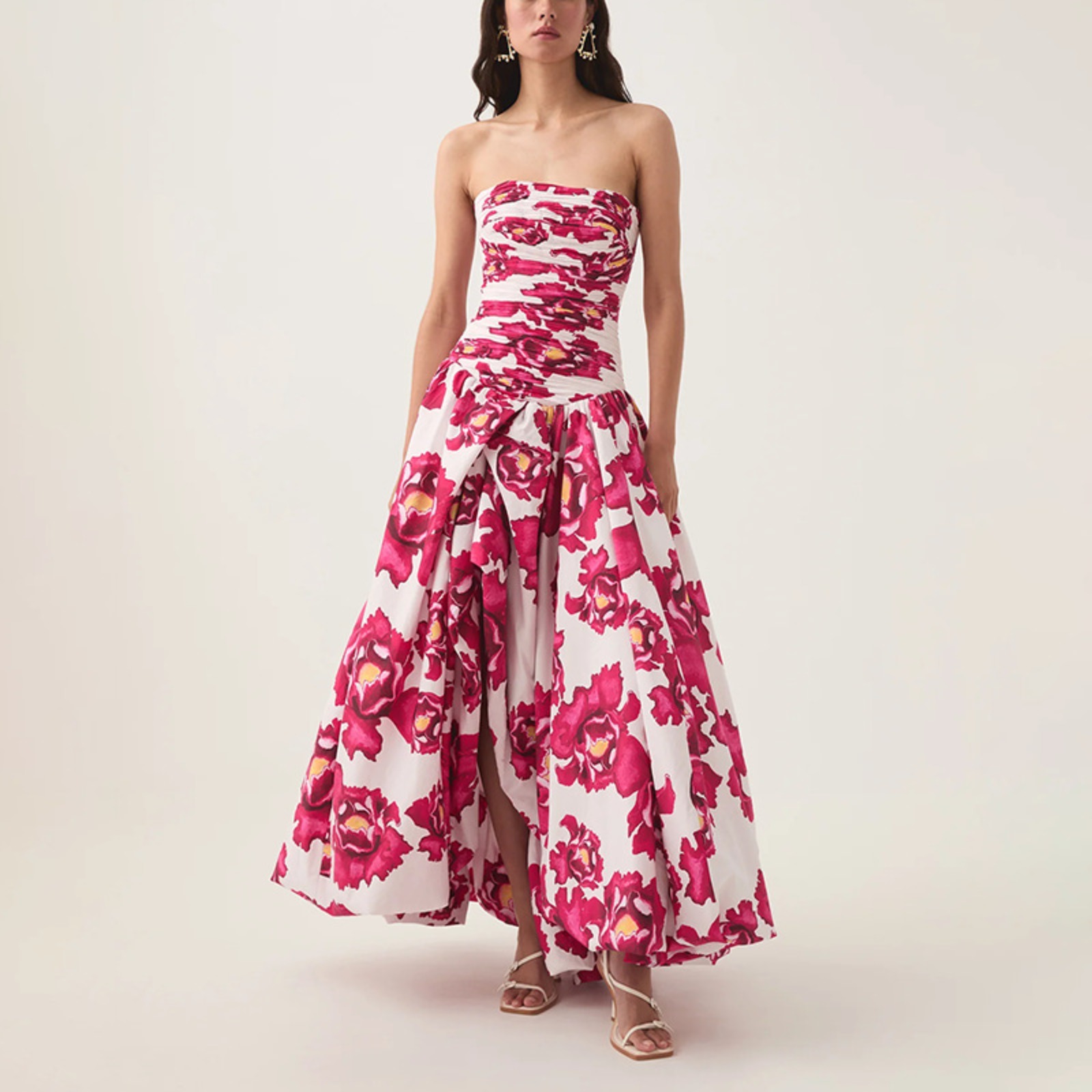 Women's Strapless Floral Print Bodycon Maxi Dress Princess-Inspired Side Slit Formal Gown Adjustable Corset Waist Elegant Party Vacation Long Dress