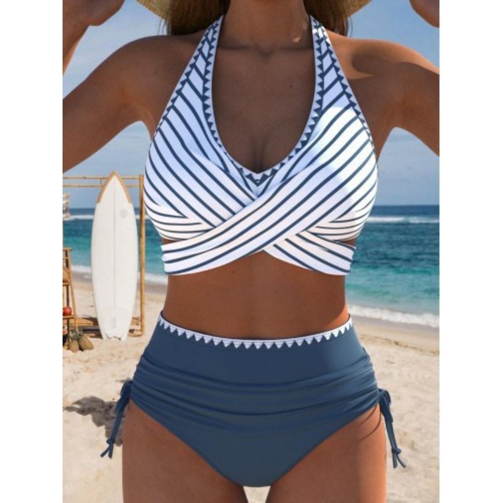 新款亚马逊热销性感挂脖露背贝克绣分体泳衣高腰抽绳比基尼