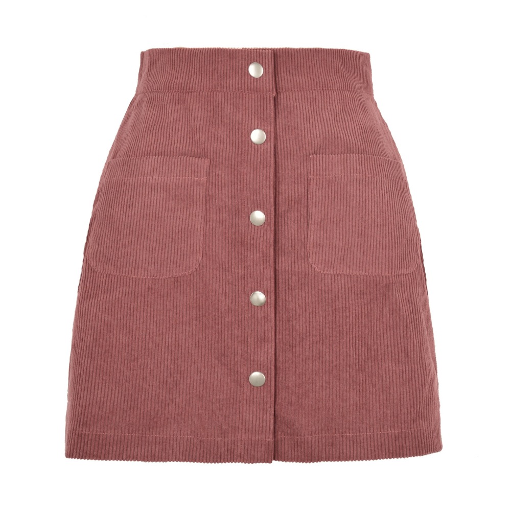 New Women's Corduroy Pencil Skirt Single Row Button Slim Fit Solid Color Knee Length Bodycon Skirt