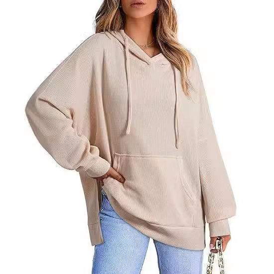 Women's Waffle Knit Hoodie Side Split Pullover Sweatshirt with Pockets Long Sleeve Athletic Top