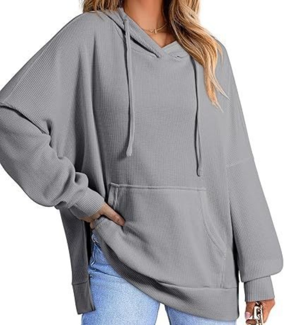 女装连帽衫华夫格针织侧开叉套头运动衫带口袋长袖