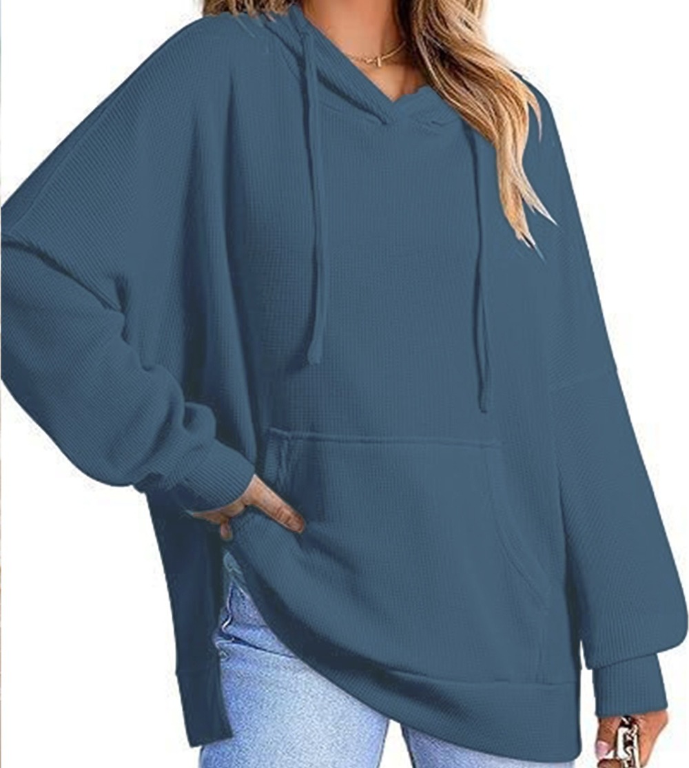 Women's Waffle Knit Hoodie Side Split Pullover Sweatshirt with Pockets Long Sleeve Athletic Top