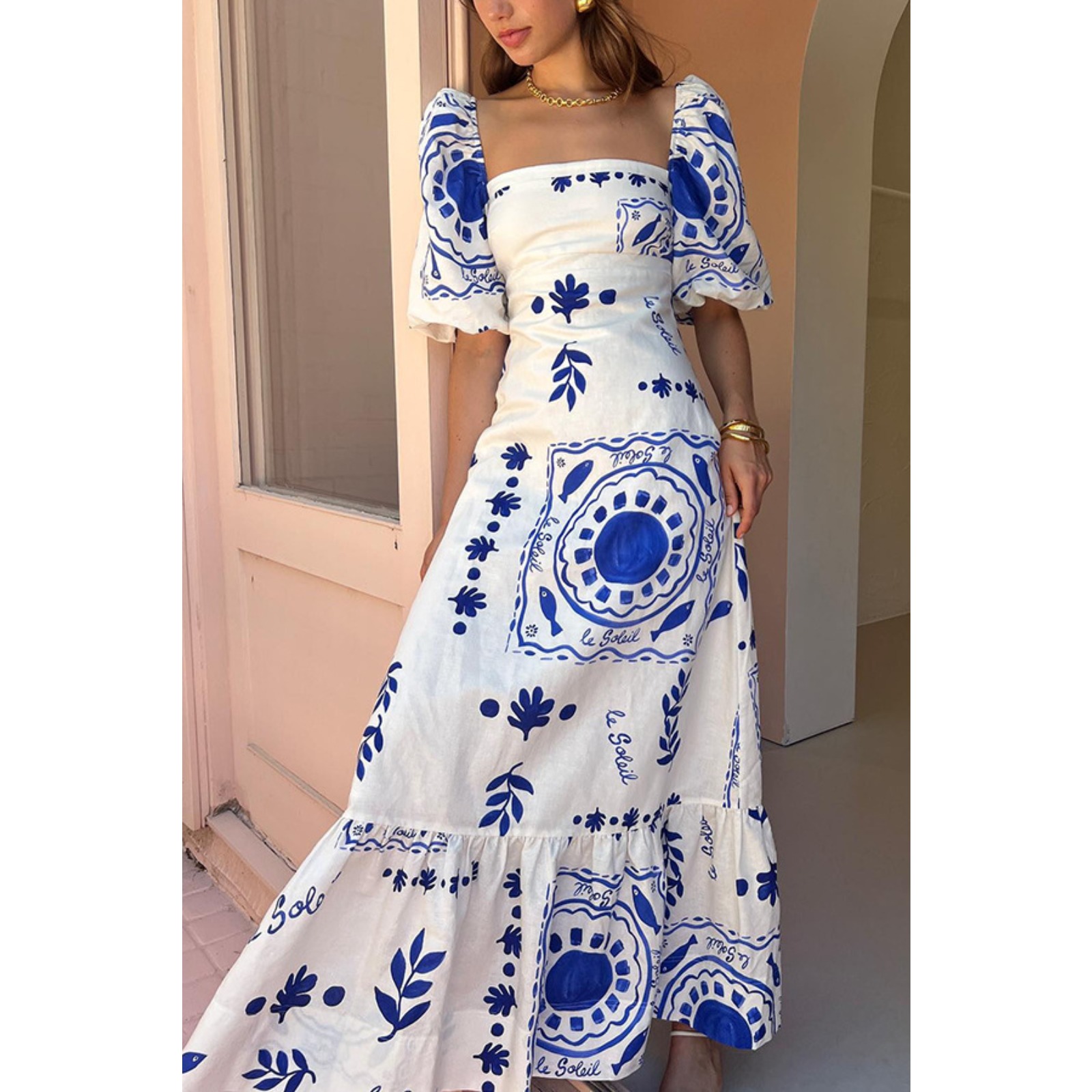 新款欧美休闲一字领印花灯笼袖修身大摆棉麻连衣裙