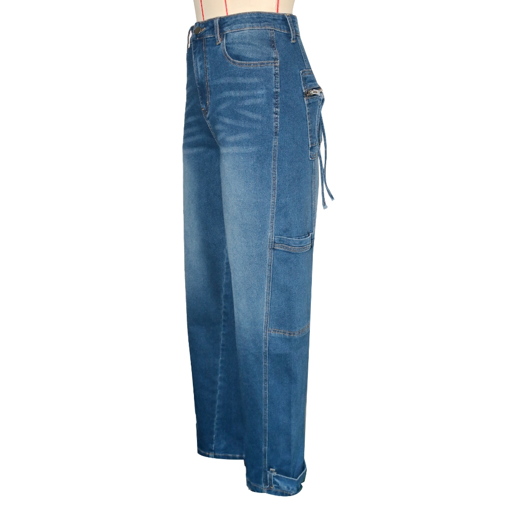 Women's High Waisted Butt Lifting Stretch Relaxed Fit Straight Wide Leg Cargo Jeans