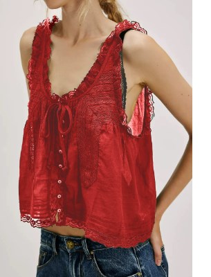 女性夏季波西米亚风格蕾丝领口前装背心式沙滩度假上衣、系扣无袖开襟针织衫、低胸露肩连衣裙、21 世纪初风格上衣、2025 年新款服装