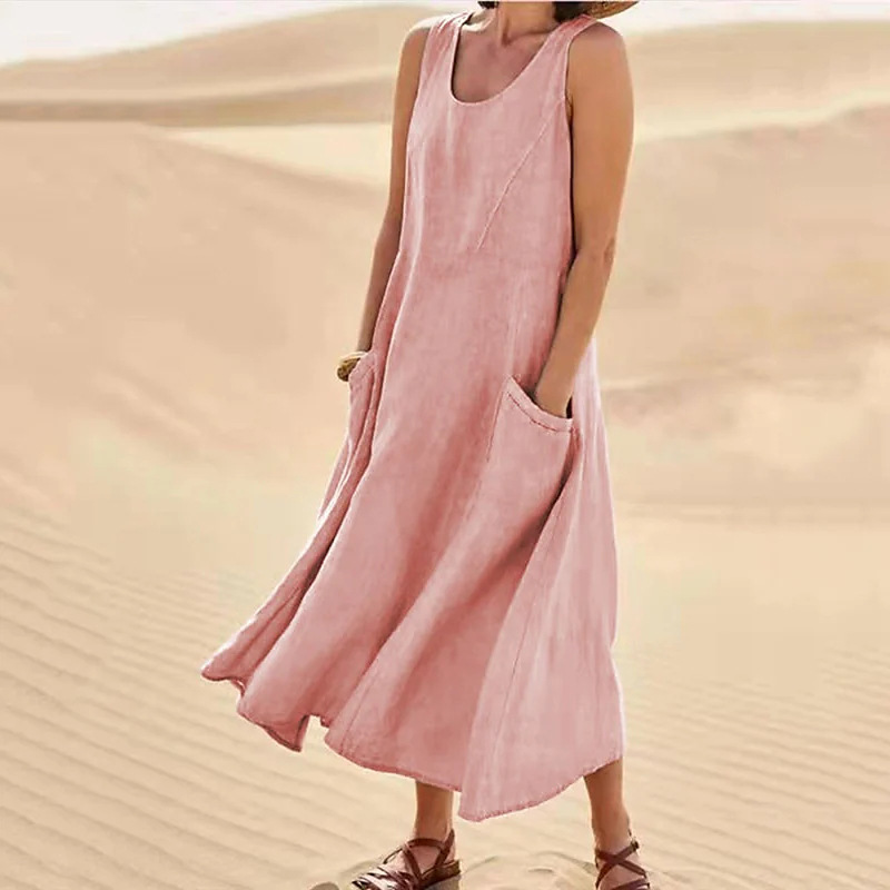 Women's Casual Loose Cotton Linen Tank Dress - Summer Sleeveless Crewneck Long Dress with Pockets, Solid Color A-line Dress Elegant Flowy Dresses Plus Size Comfy Dress 