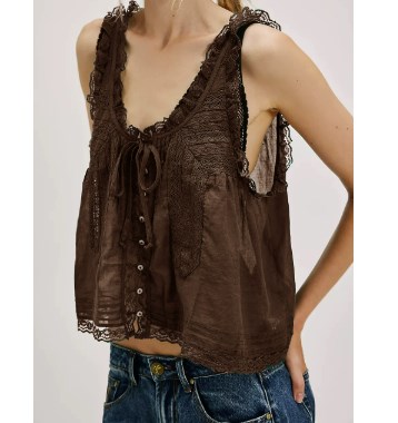 Women Summer Boho Lace Tie Front Tank Beach Vacation Top Button Down Sleeveless Cardigan Crop Y2k Tops Clothes 2025