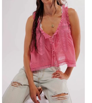 Women Summer Boho Lace Tie Front Tank Beach Vacation Top Button Down Sleeveless Cardigan Crop Y2k Tops Clothes 2025