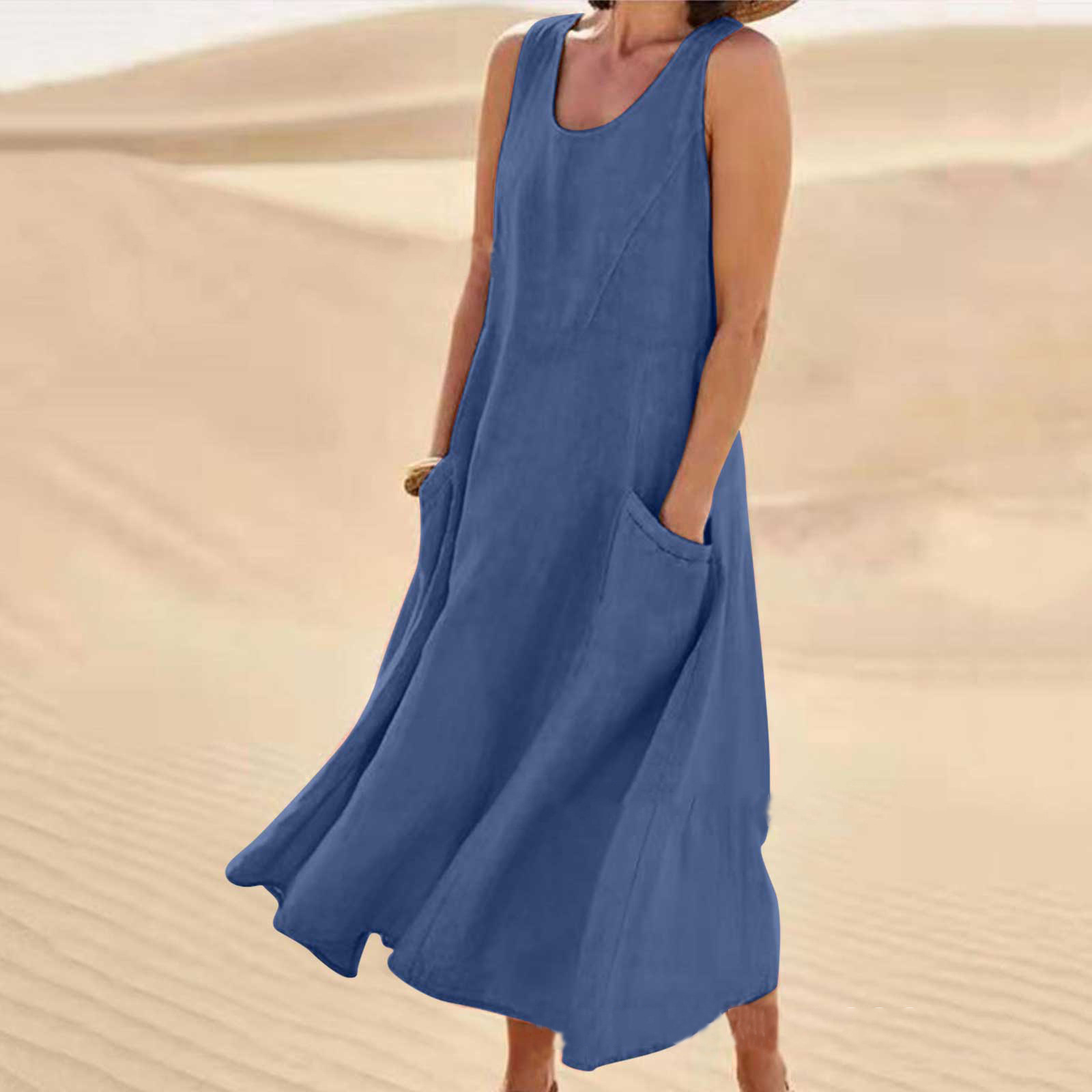 Women's Casual Loose Cotton Linen Tank Dress - Summer Sleeveless Crewneck Long Dress with Pockets, Solid Color A-line Dress Elegant Flowy Dresses Plus Size Comfy Dress 