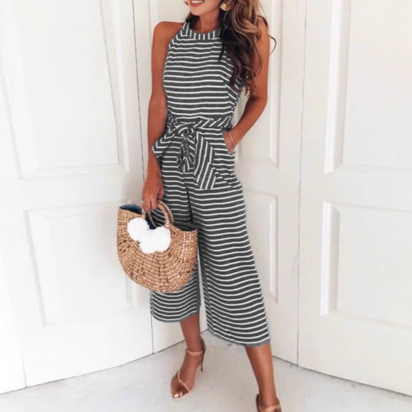 2025 New Women's Slim Fit Striped Jumpsuit Adjustable Waist Tie Detail Cropped Wide Leg One Piece Romper Casual Polyester Ankle-Length Sexy Style