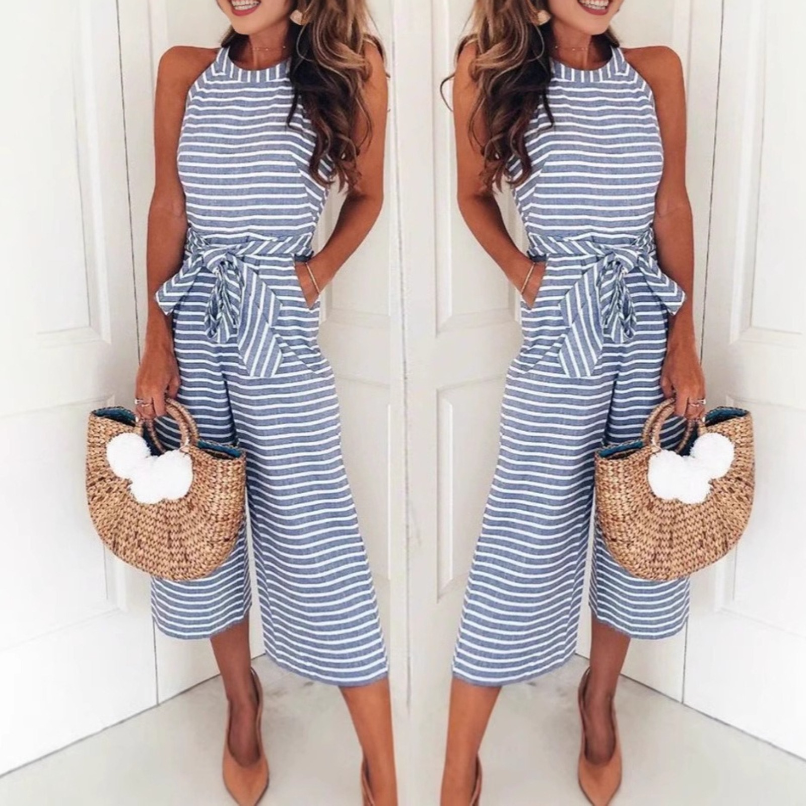 时尚修身系带性感条纹圆领连体裤