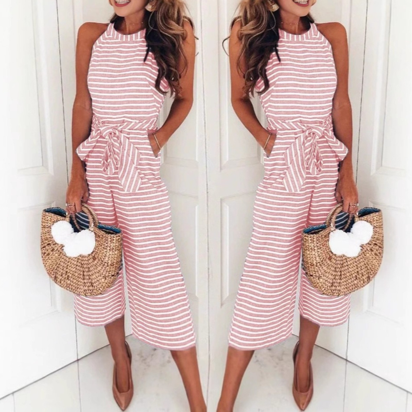 时尚修身系带性感条纹圆领连体裤