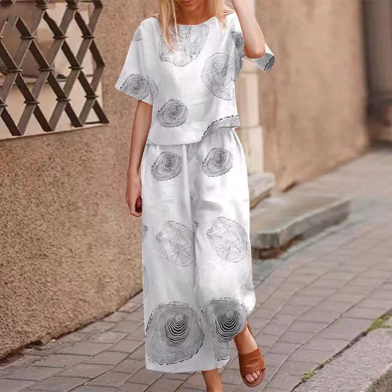 Summer New Women's Floral Print Linen Cotton Short Sleeve Casual Long Pants Set Breathable Soft Comfortable Outfit