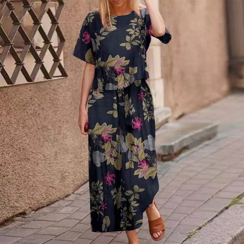 Summer New Women's Floral Print Linen Cotton Short Sleeve Casual Long Pants Set Breathable Soft Comfortable Outfit