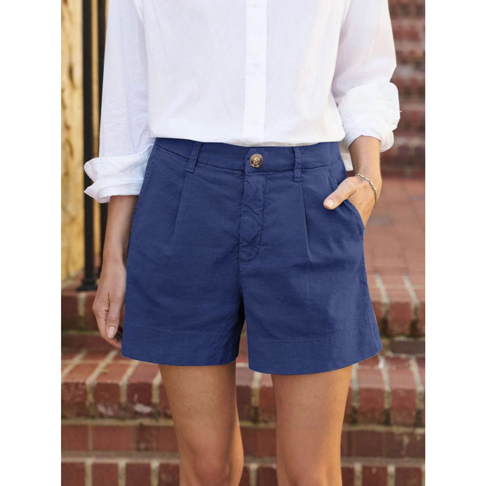 2025 New Women's Cotton Linen Blend Bermuda Shorts Mid-Length Straight Leg Button Front Casual Summer Shorts Natural Fiber Comfortable Pull-On Trousers