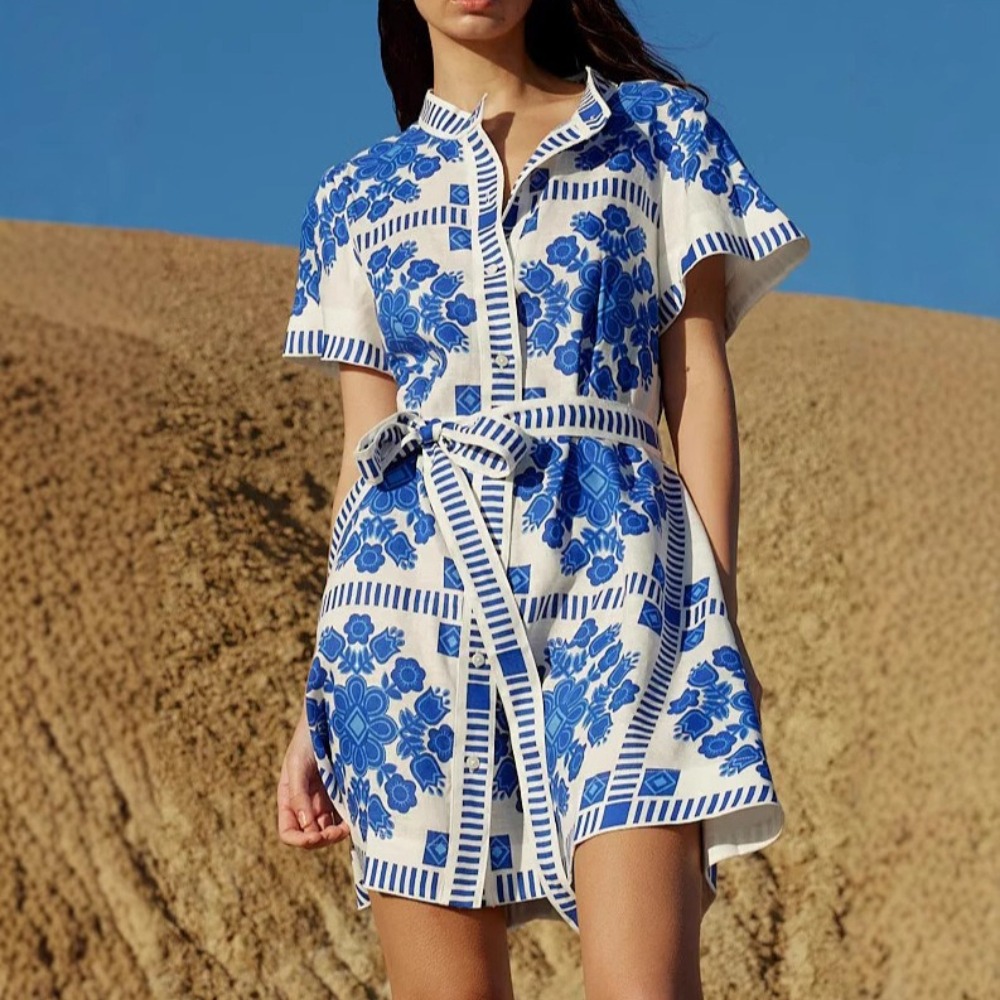 夏款新款透气舒适柔软休闲女装时尚印花绑带连衣裙