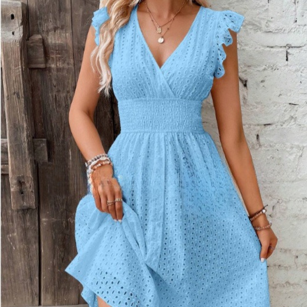 Summer New Women's Lotus Sleeve Elegant Slimming V Neck Fashion Plus Size Hollow Out Breathable Soft Comfortable Dress