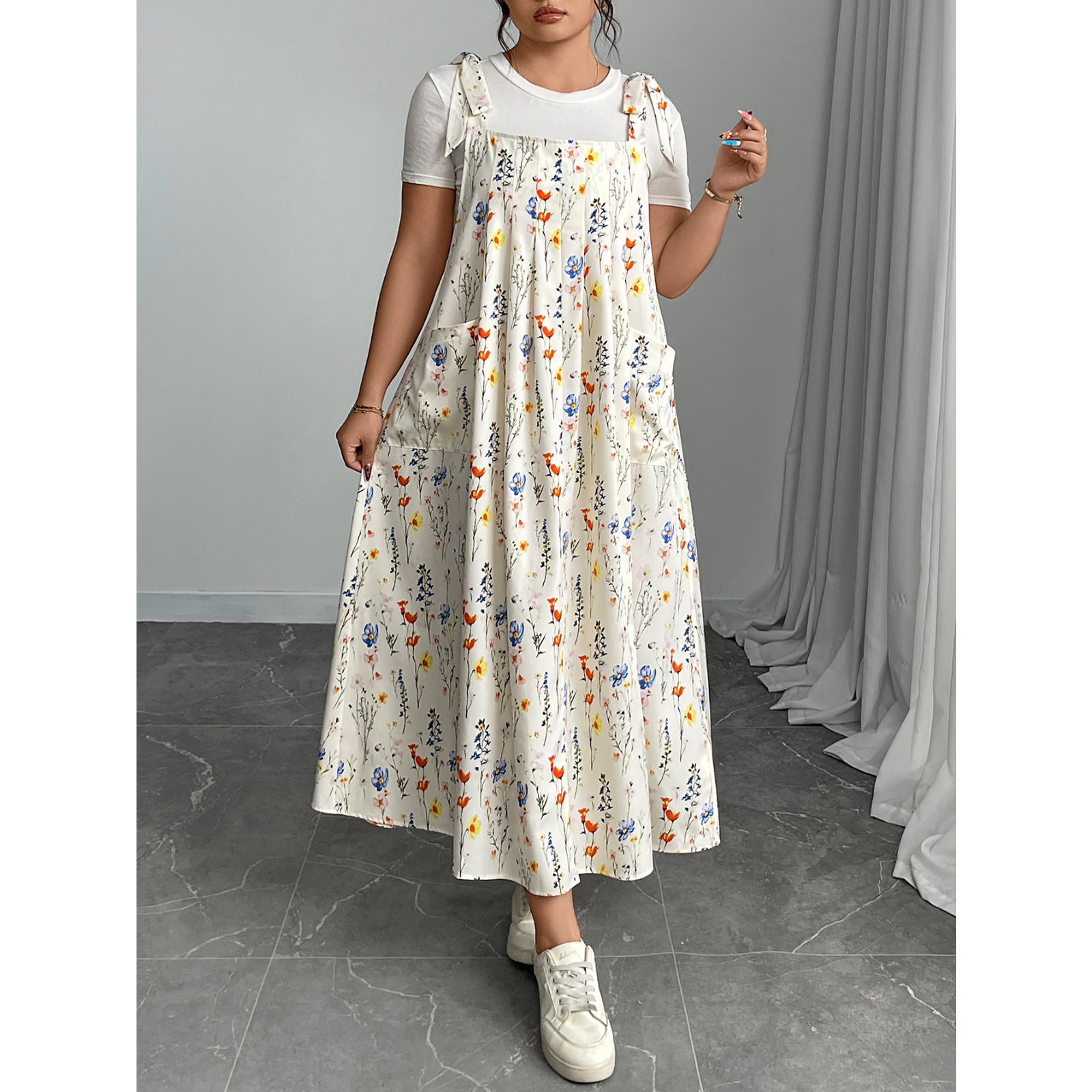 2025 Summer Women's Plus Size Solid Color Print Strapless Maxi Dress Casual Straight Cut Flowy Polyester Sundress Adjustable Spaghetti Strap Beach Vacation Elegant Loose Fit