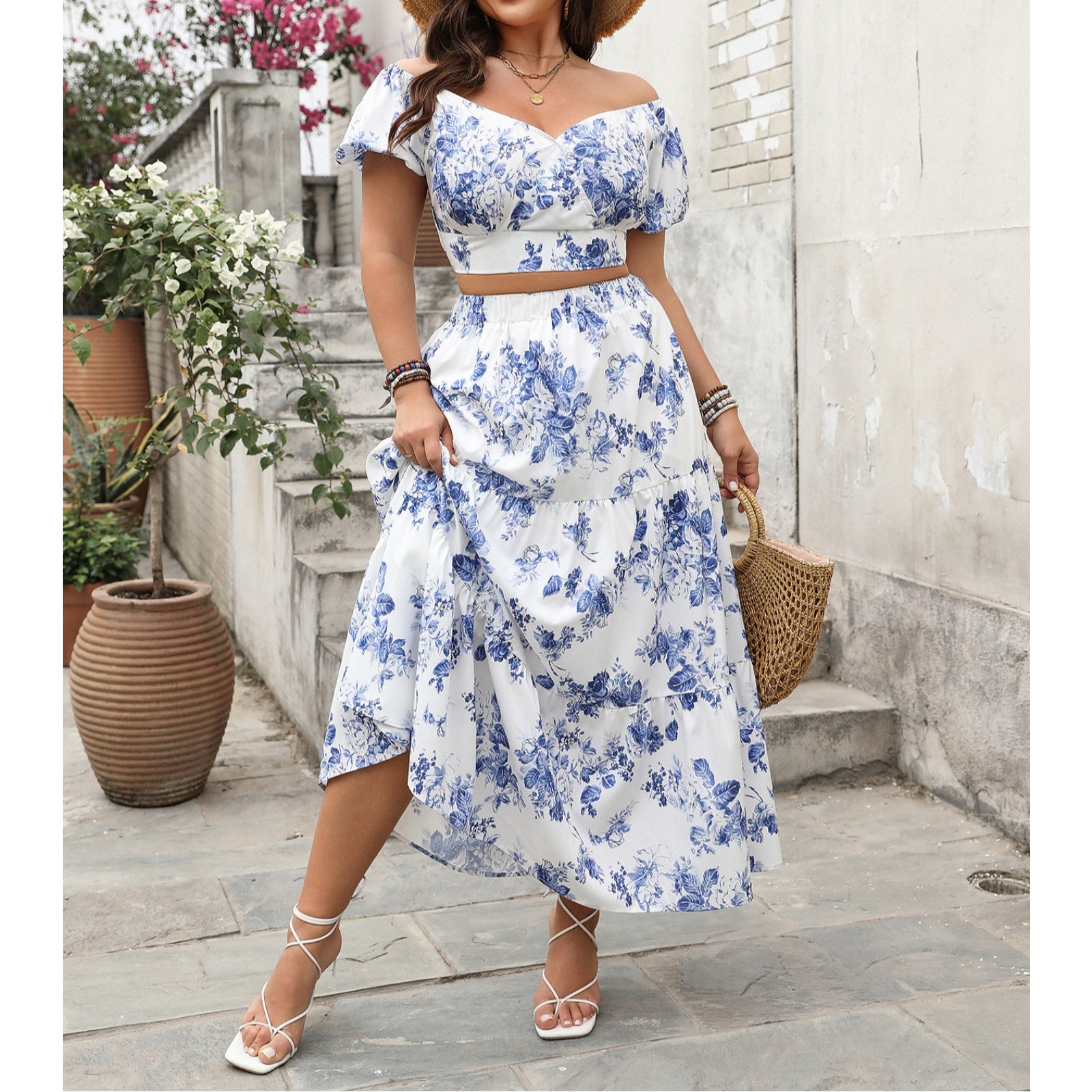 春夏女装休闲印花大v领上衣长款印花半身裙套装