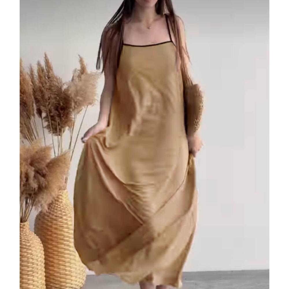 Women's 2025 Summer Cotton and Linen Maxi Dress Contrast Spaghetti Strap Dress Backless Sleeveless Fashionable and Casual Party Beach Dresses with Pockets